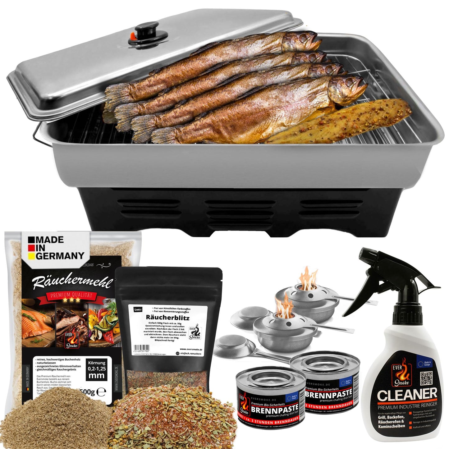 Eversmoke Deluxe Stainless Steel Tabletop Smoker XL Set with fuel paste | Smoker with smoking chips, smoking spices, burner - rustproof