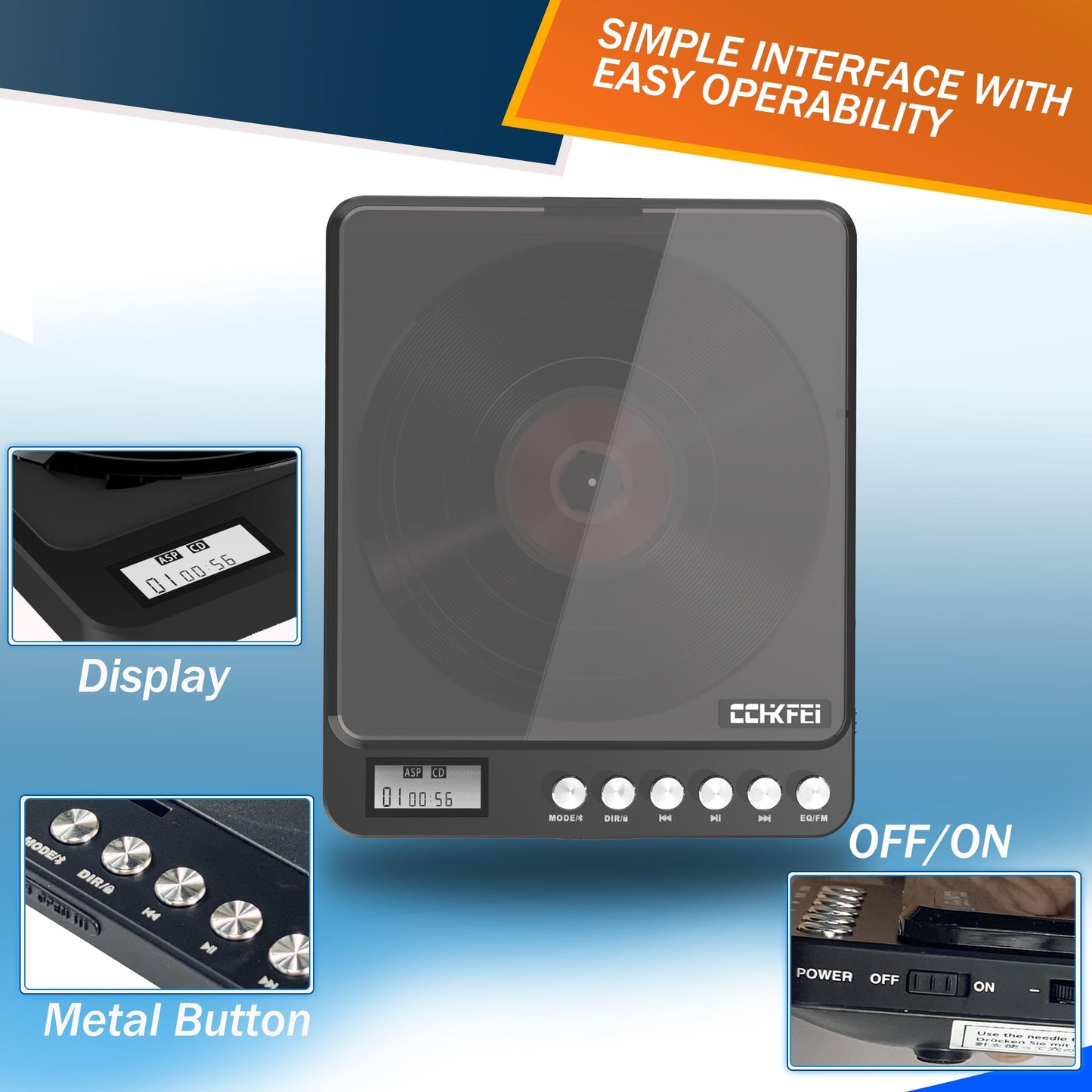 Portable CD player with Bluetooth and headphones, rechargeable CD player with speaker and FM transmitter. 2000mAh lithium battery, portable Discman CD player for adults, students, and children.