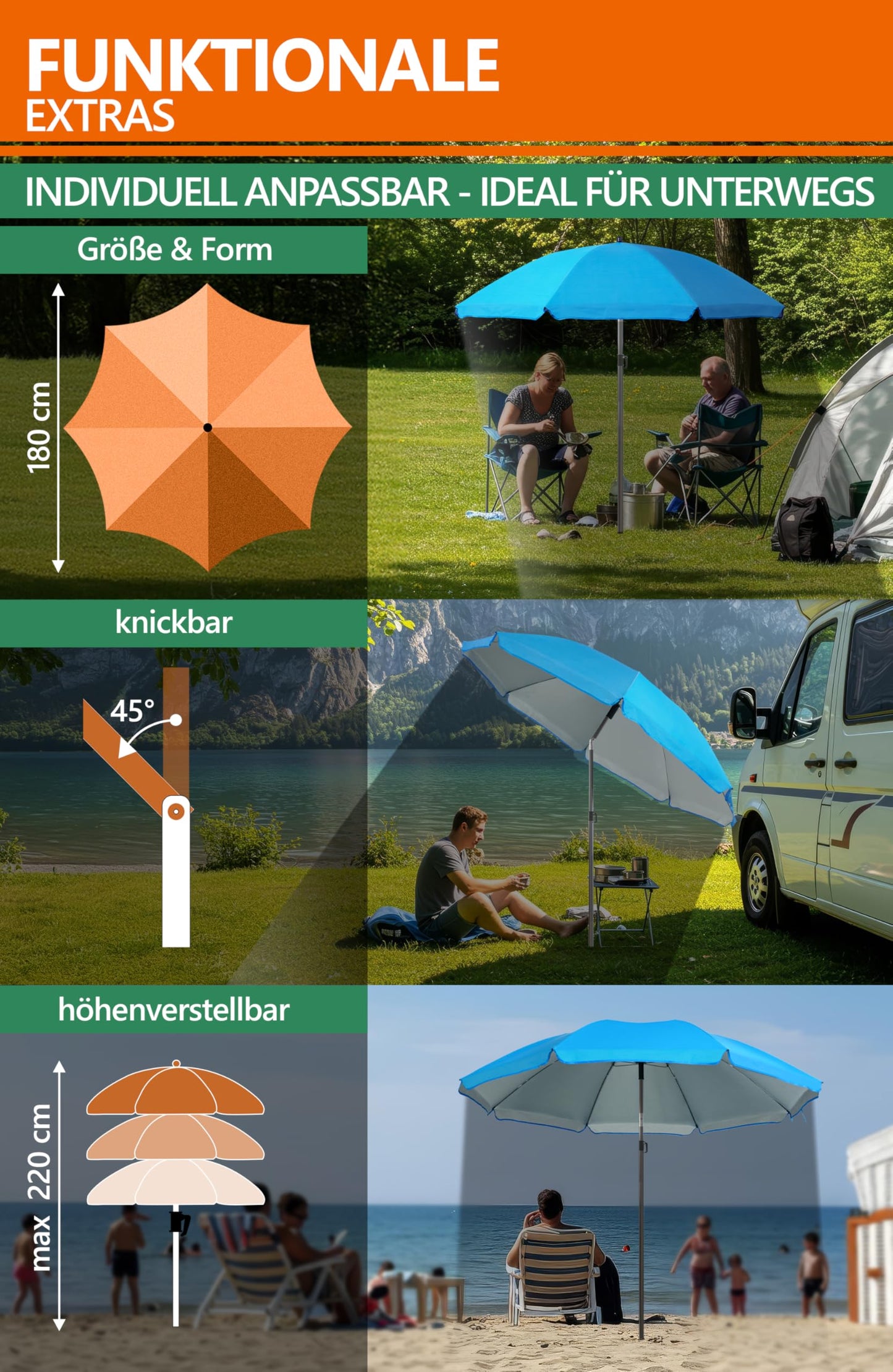 4smile beach umbrella SunnyJoy 3-IN-1-SET, blue - beach umbrella Ø 180 cm + ground sleeve + protective cover - wind-resistant and stable, with UV protection 50+.