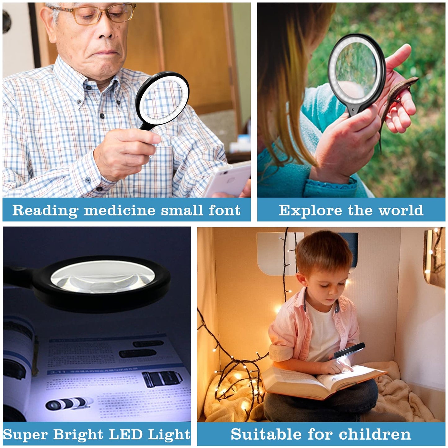 Magnifying Glass with Light, 60X 30X 33 LED Handheld Magnifier 30X Reading Magnifier with Light, USB Rechargeable Magnifier 3 Modes Reading Magnifier for Seniors, Kids, Jewelers, Hobbies