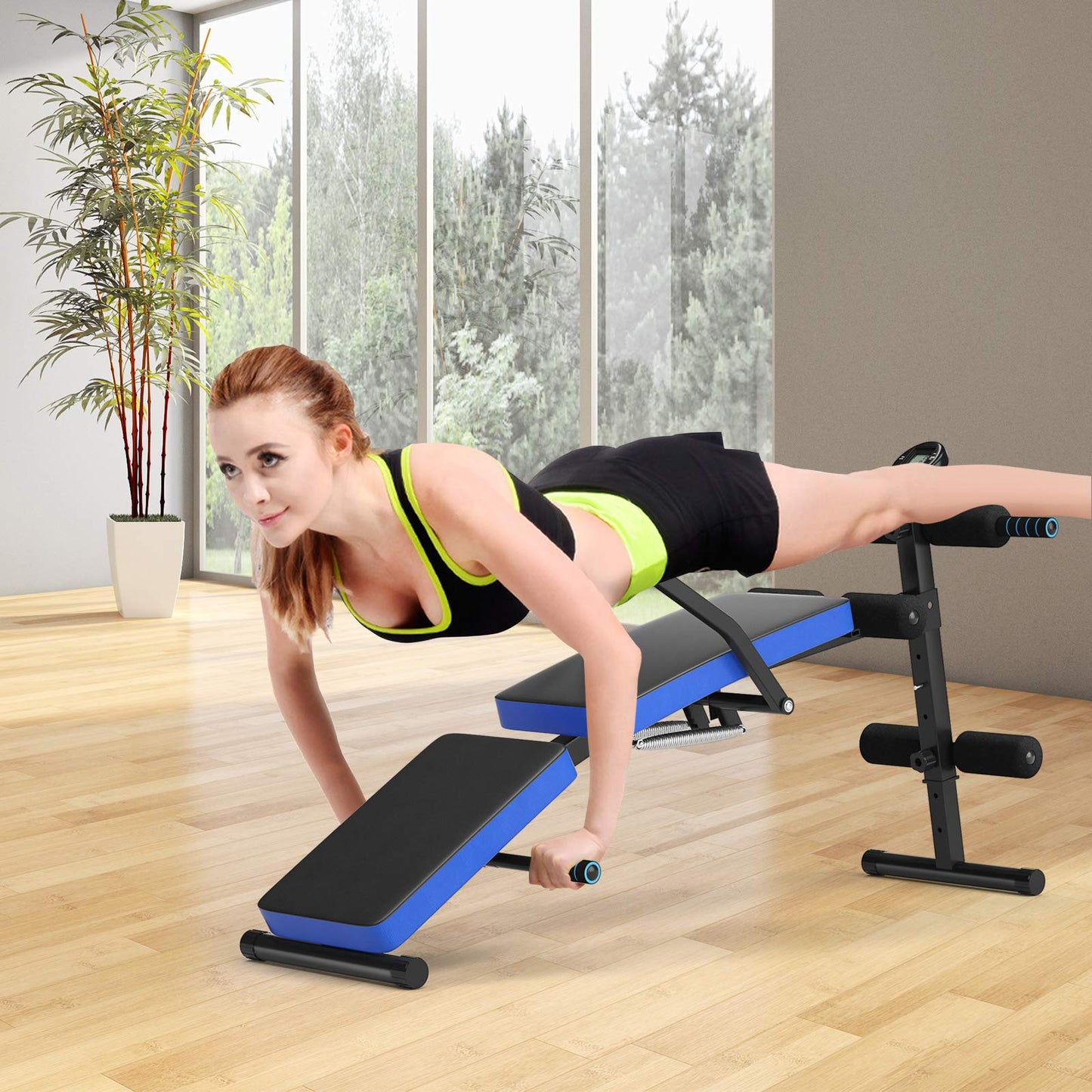 COSTWAY Folding Sit Up Bench, 5-level height adjustable training bench with monitor, incline bench, home trainer up to 150kg load capacity for sit-ups and leg lifts (Blue)