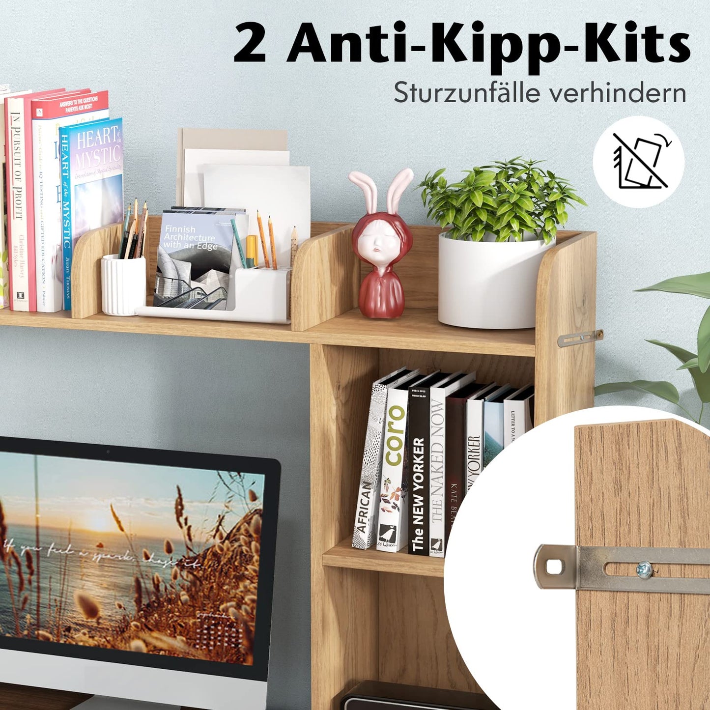 COSTWAY Desk Shelf, Table Shelf with 4 shelves and open compartment, storage system, multipurpose desk organizer, 94 x 25 x 74 cm (Natural)