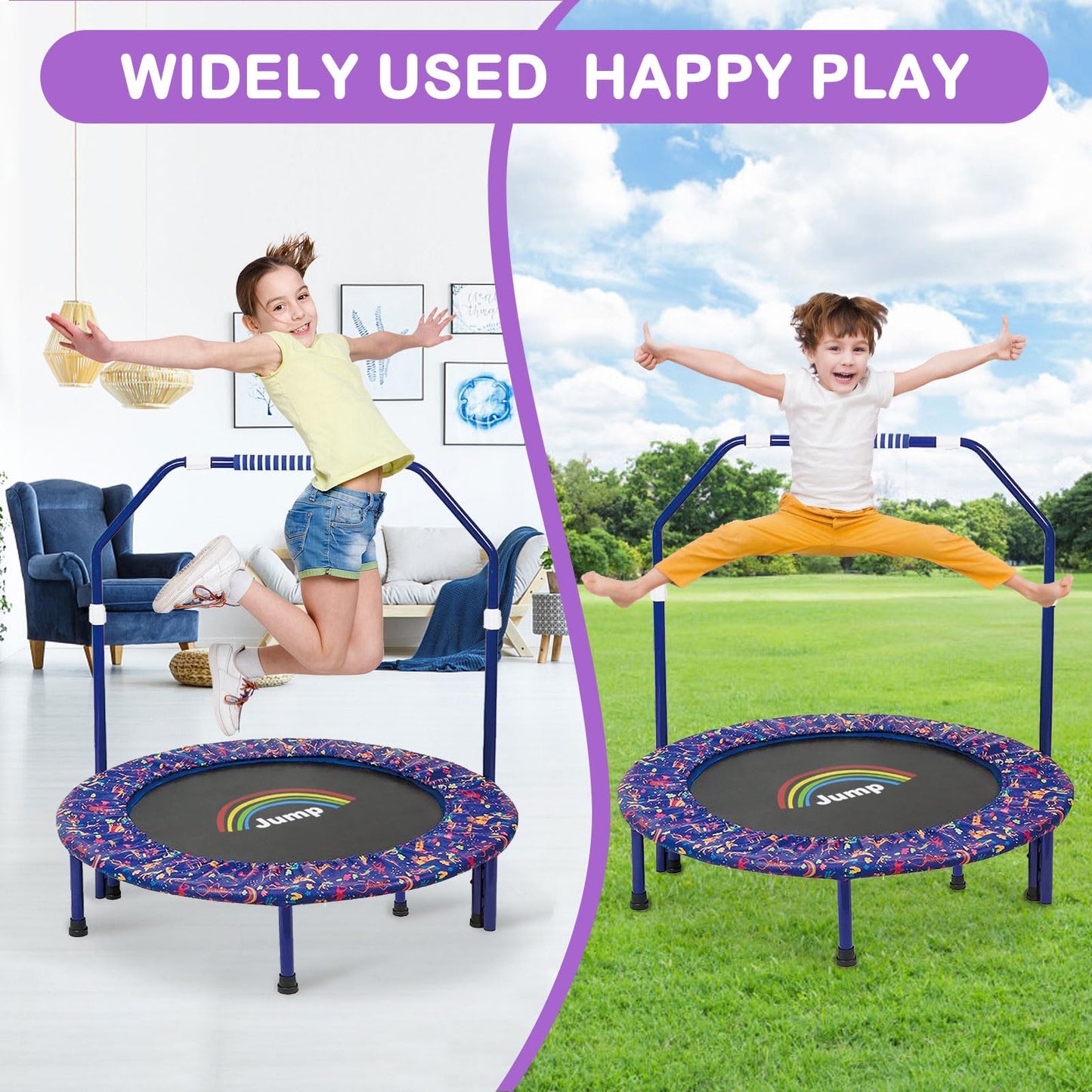 Trampoline for Kids|Approx. 91 cm diameter|Foldable rebounder for mini trampoline with foam handle, safety pads, and durable cover for indoor and outdoor use|Trampoline for jumping fitness (Blue)