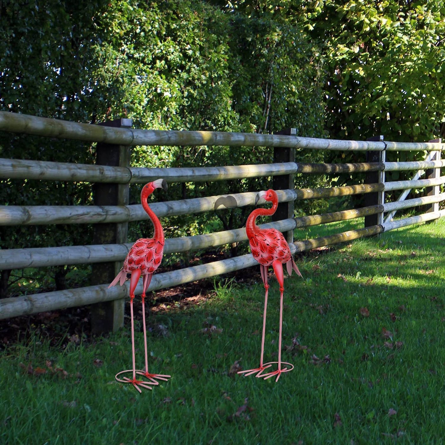 AOFOX Flamingo garden statues and sculptures, 2 pieces metal, large red flamingo bird garden art outdoor statue for home, patio, lawn, backyard decoration