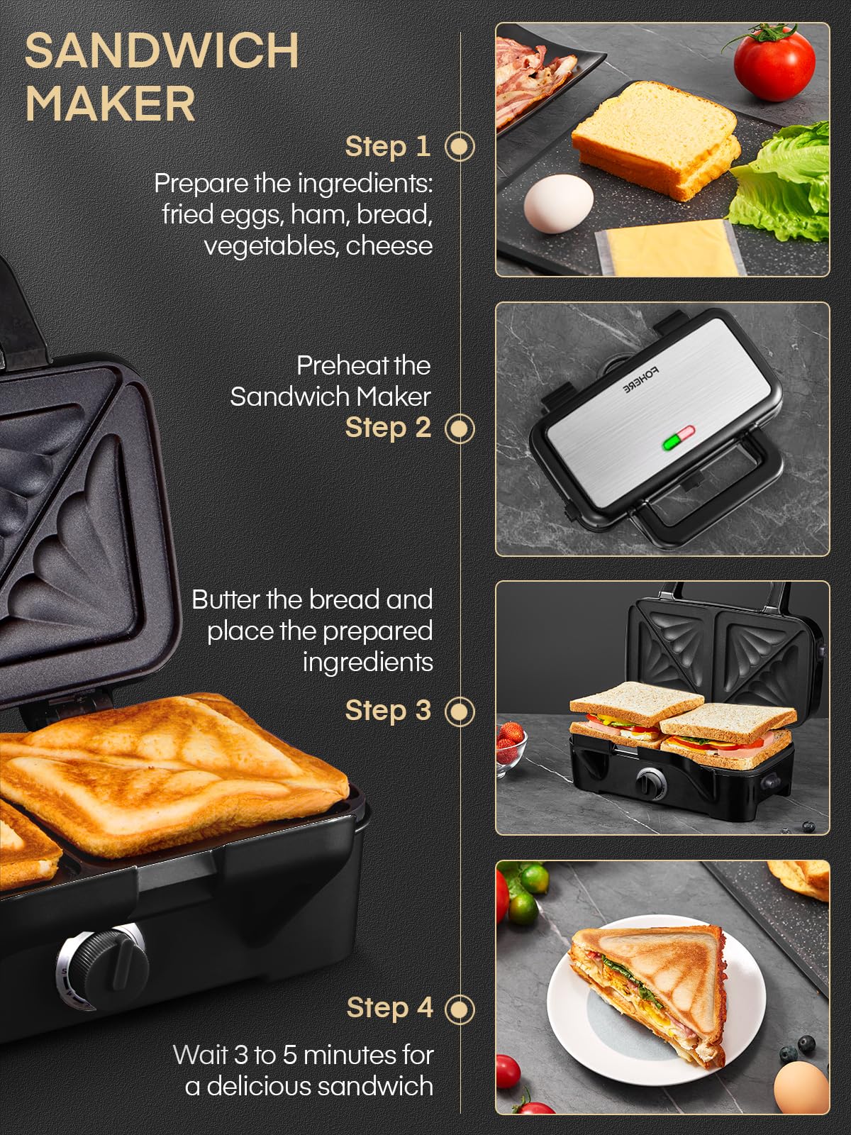 1200W 3 IN 1 Sandwich Maker, 5-level temperature control waffle maker sandwich toaster contact grill with non-stick coating for easy cleaning without burnt-on food, LED lights, stainless steel/black