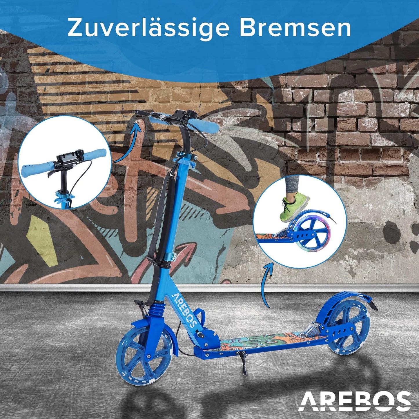 Arebos City scooter kick scooter blue adjustable in height | foldable | including carrying strap | LED wheels | hand-push brake | front-rear suspension | for kids & adults | supports up to 100kg | kick scooter