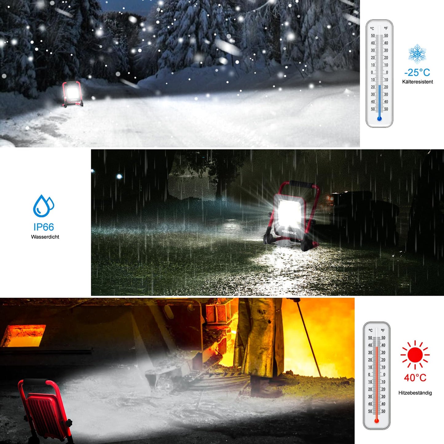HYCHIKA LED construction spotlight, 50W 5500LM work light, LED work light with plug, IP65 waterproof construction spotlight LED with 3M cable, portable construction spotlight for workshop or construction site, garage, 6500K