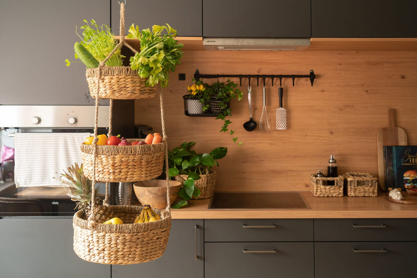 Decorasian hanging fruit basket, Large XXL tiered stand with 3 baskets made of water hyacinth - fruit rack for storing fruit and vegetables - hanging basket