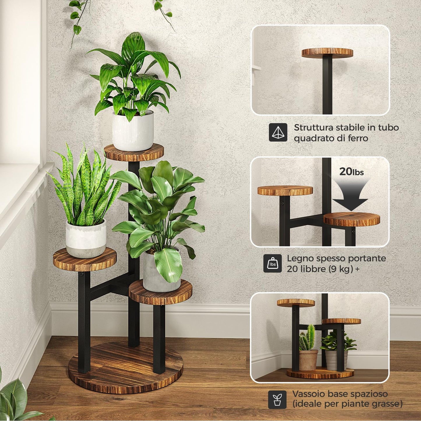 Bamworld flower stand wood plant stand plant shelf indoor flower shelf small metal flower stand for patio, garden, balcony, living room, bedroom (3 tiers)