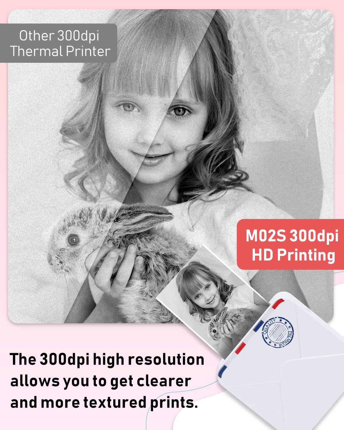 Phomemo M02S pocket printer, 300 DPI mini printer for smartphone thermal printer with 6 paper rolls, compatible with 15, 25, 53 mm paper, perfect for studying, scrapbooking, photos, gifts (White)