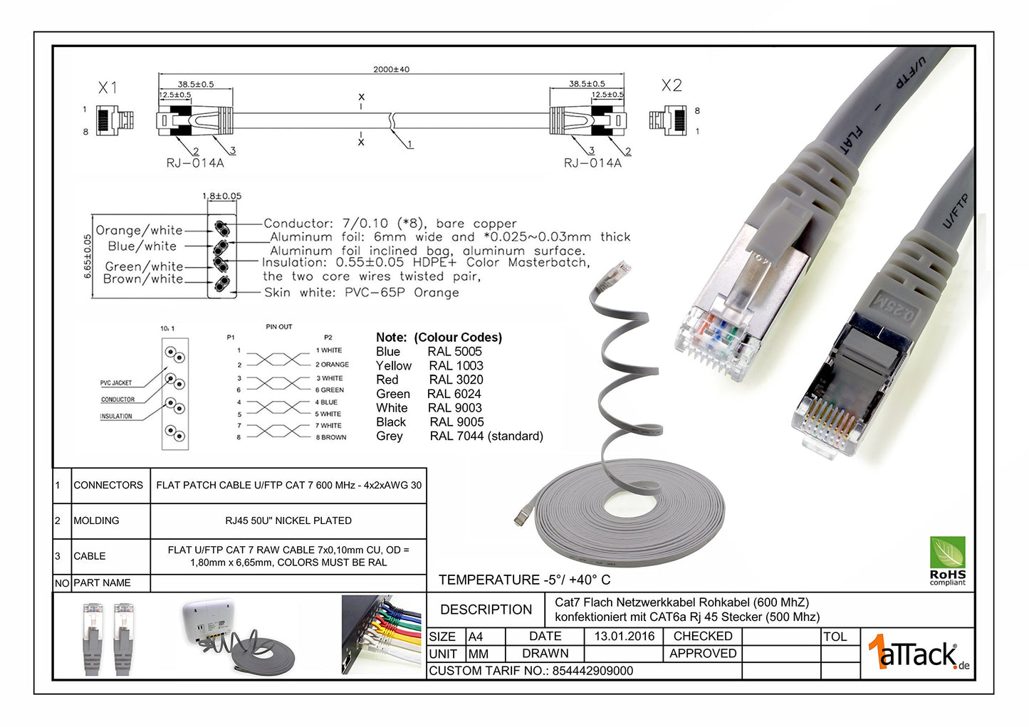 3.0m - 7 colors - 7 pieces CAT.7 Gigabit Ethernet LAN flat cable (RJ45) network cable raw cable (10Gbit/s) installation cable flat slim compatible with Cat.5 - Cat.5e - Cat.6.