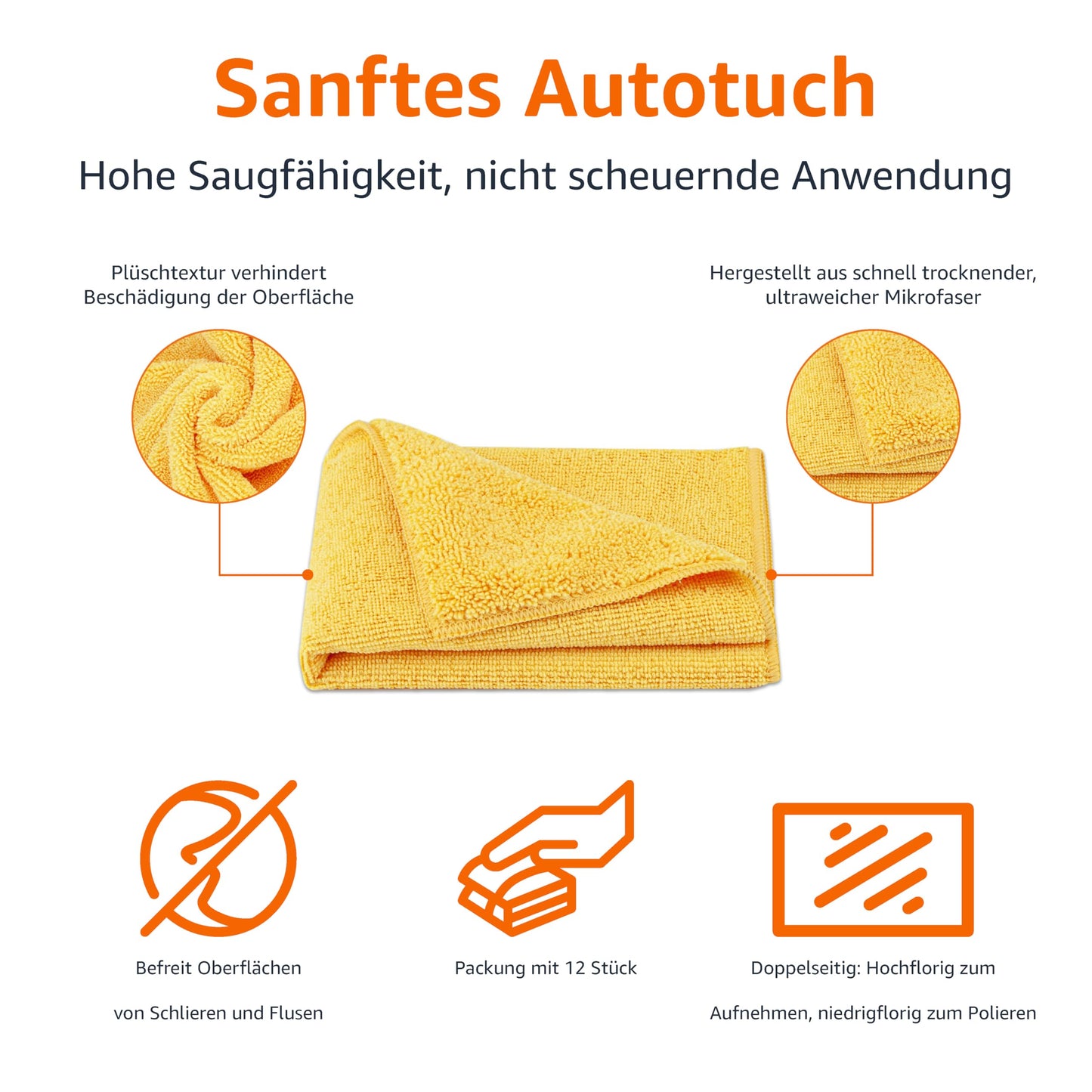 Amazon Basics microfiber towels for cars, dual-sided cleaning cloth, 12 pieces, 40 x 40 cm, Yellow