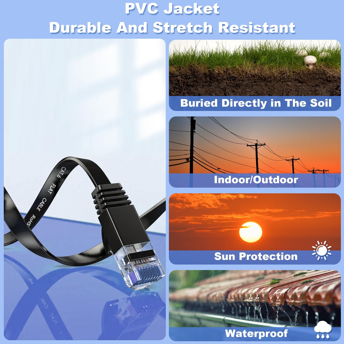 50 meter Black LAN Cable, 50m Cat 6 Network Cable for Indoor and Outdoor Use. Supports Gigabit Ethernet at speeds of 10, 100, and 1000Mbits. RJ45 Patch cable for Router, Switch, PS4/5 with 50 clips included.