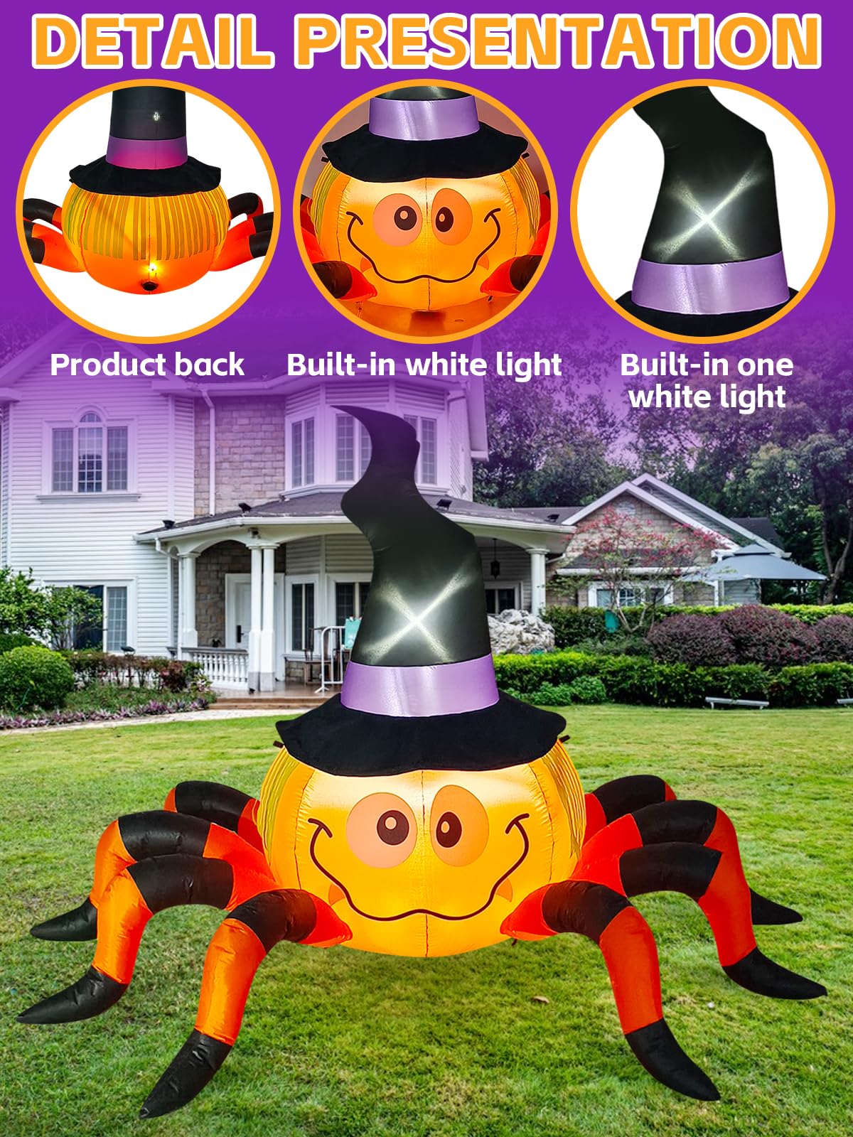 Kalolary 6.5FT Inflatable Pumpkin Spider with Witch Hat - Halloween decoration for indoor and outdoor use