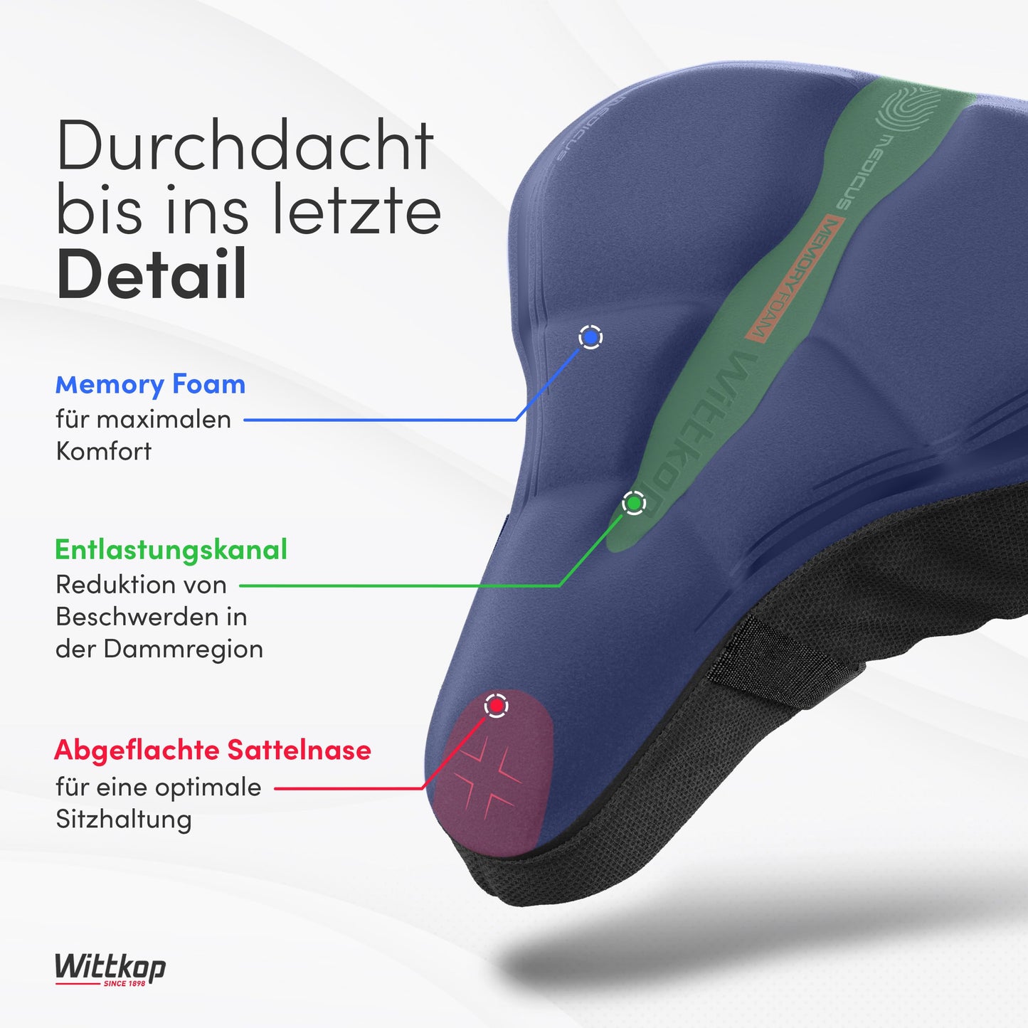WITTKOP bike seat cushion with gel pad & memory foam I Ergonomic bike seat cover for women and men with 3-zone concept I Comfortable bike saddle cover for Peloton & bike seat