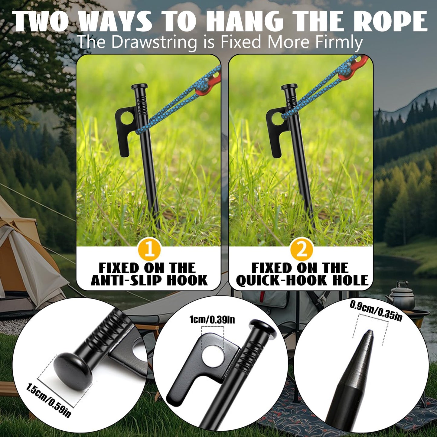 goldmiky Tent Pegs Steel Ground Stakes, 30cm Stable Camping Tent Pegs, Long and Stable Ground Stakes for Camping, with Hooks and Holes for Camping and Outdoor Hiking