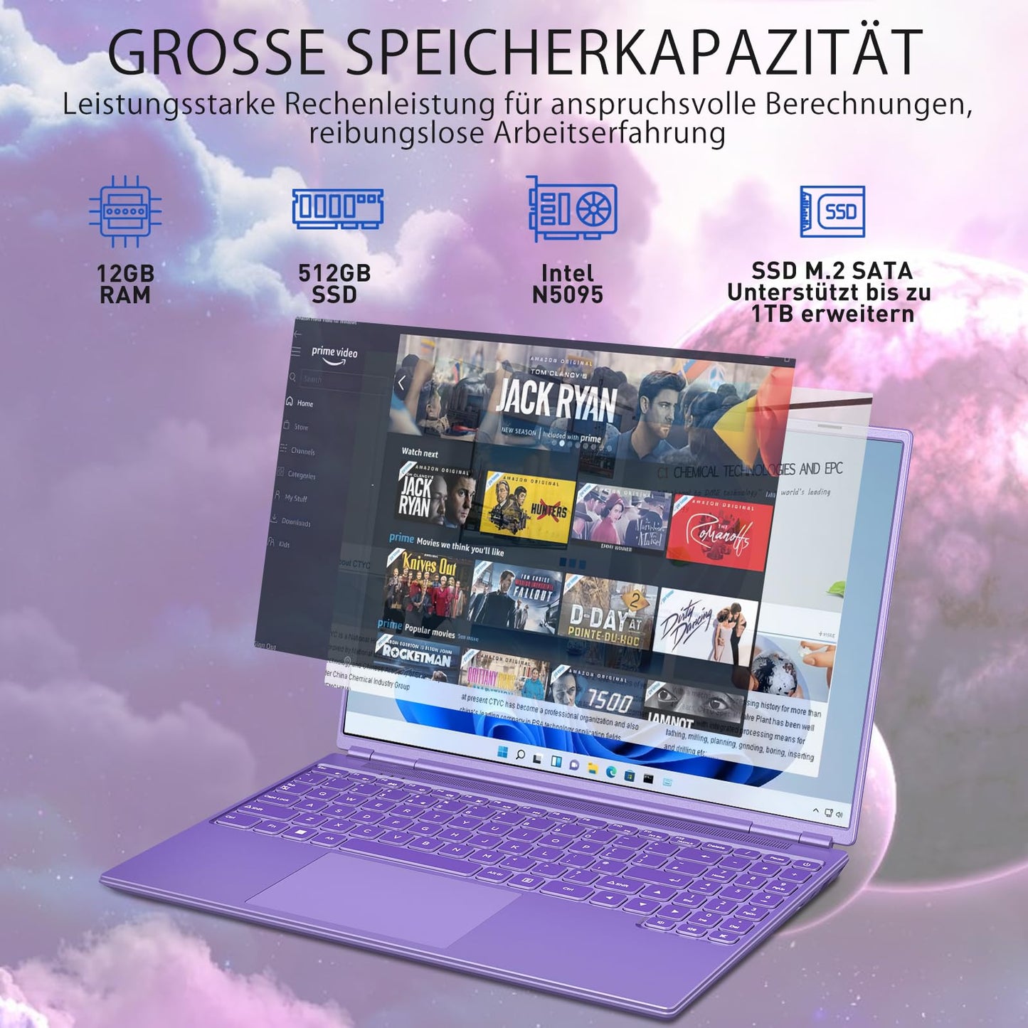 AOCWEI Laptop 16 inch 12GB RAM 512GB ROM Expandable 2.5" 1TB SSD, Laptop Win 11 with 4-Core CPU N5095 (up to 2.9 GHz), 1920*1200 | 5G WiFi | Bluetooth & German Keyboard Sticker-Purple.