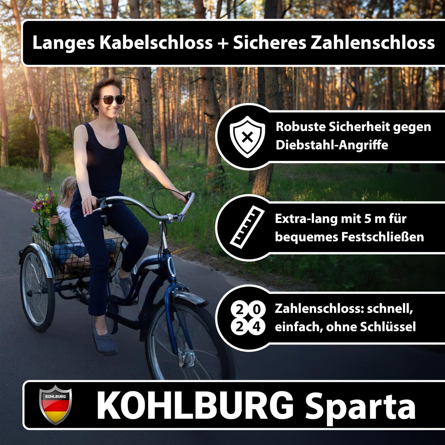 KOHLBURG Cable Lock 5 meters long with number combination - 500cm combination lock - Steel cable lock 5m coated - Steel cable 500 cm with code for bike garden furniture & bike lock.