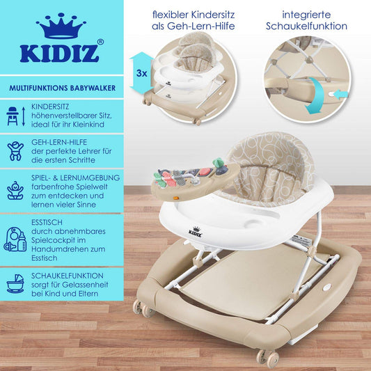KIDIZ® 4in1 Baby Walker with rocking function, toy tray, dining table, music, lights, and games. Suitable for babies 6 months and older. Foldable design in khaki color.