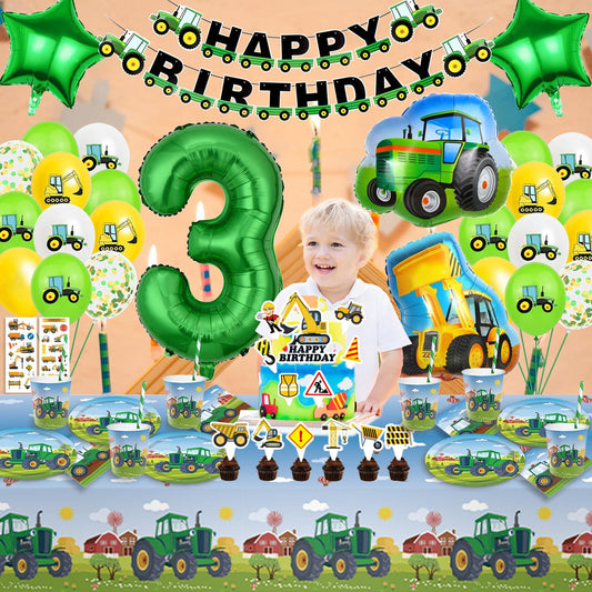 Tractor party supplies for kids birthday 3, tractor birthday decor for 3 years, tractor decor for kids birthday 3, birthday decor for 3 years boy tractor balloons paper plates tablecloth for boy 16 guests.