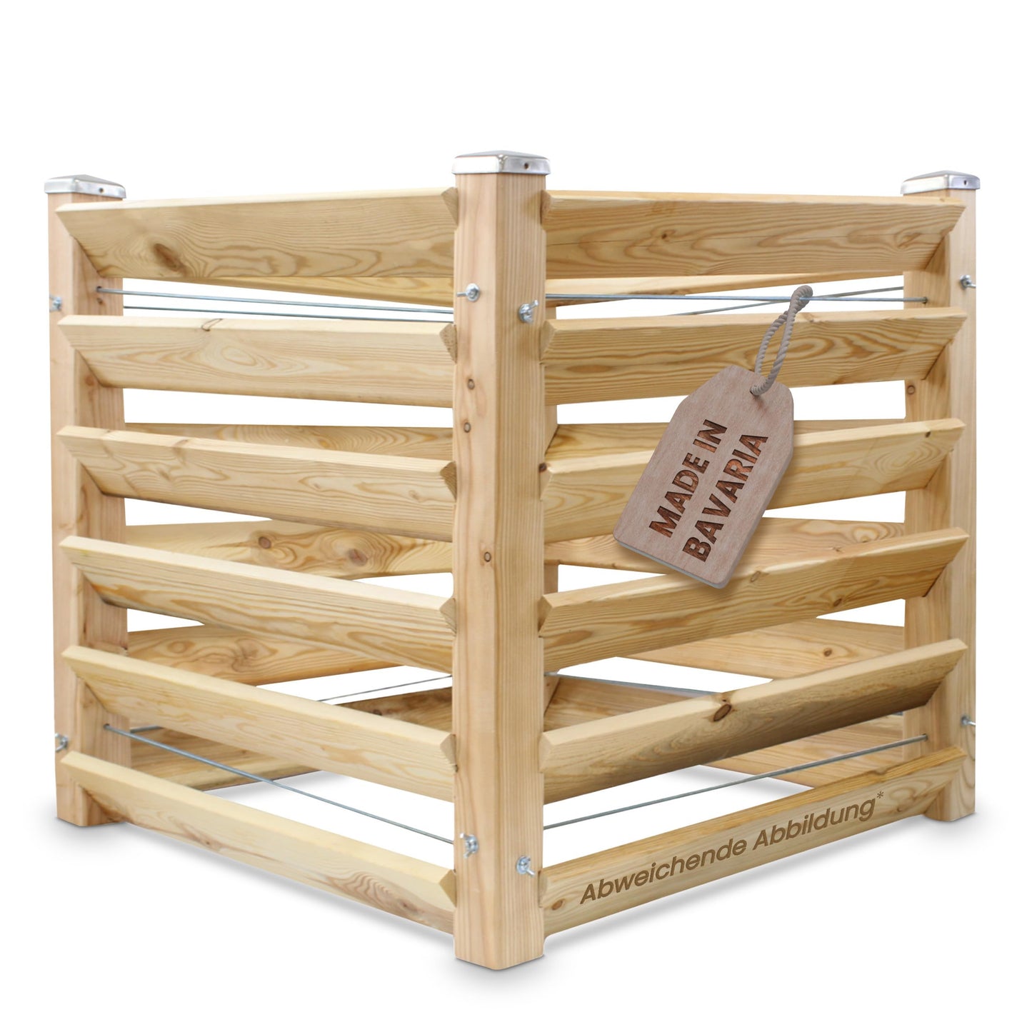 Modern compost bin made of solid larch wood, dimensions approximately 80x80 cm with a height of 80 cm. Easy-to-assemble composting system.