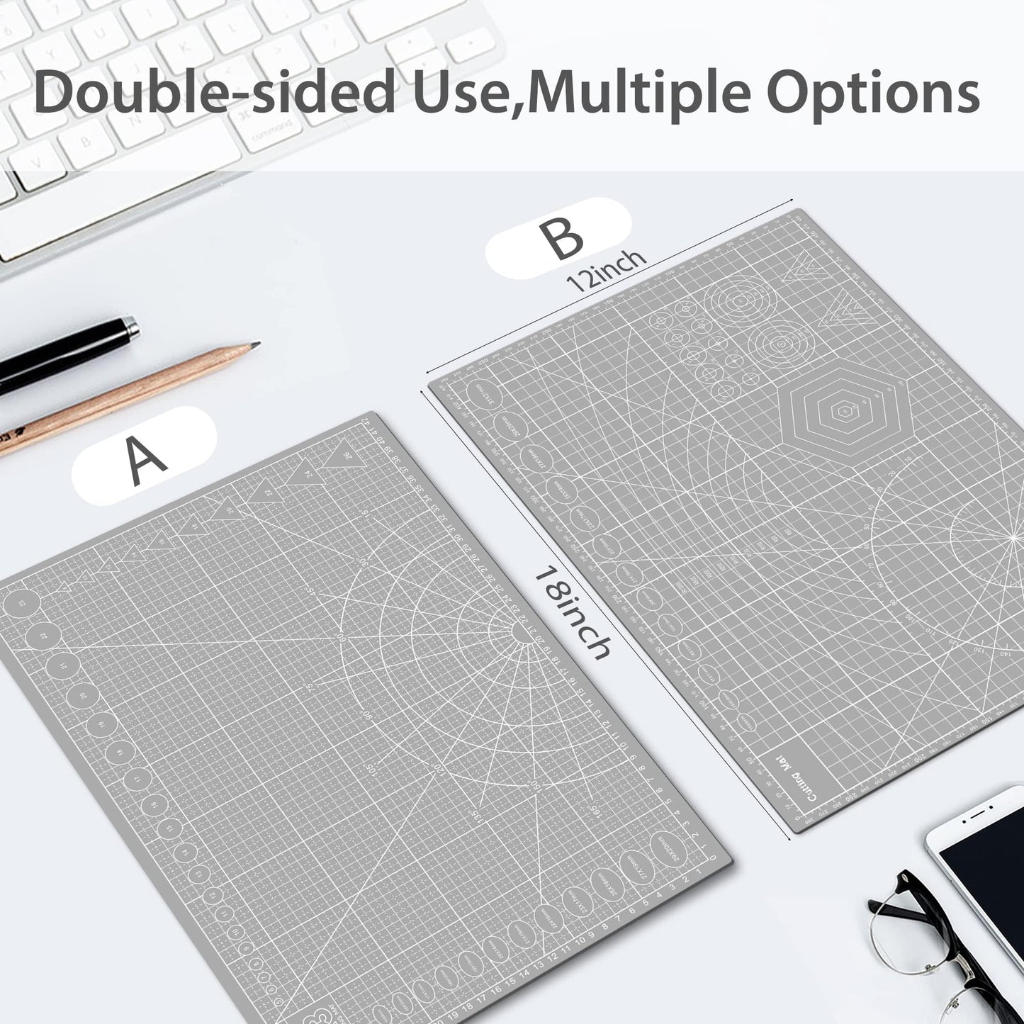 Miuzei Cutting Mat A3 A2 with rotary cutter and replacement blades, self-healing craft mat in gray, cutting mat with double-sided grid markings for schools and families.