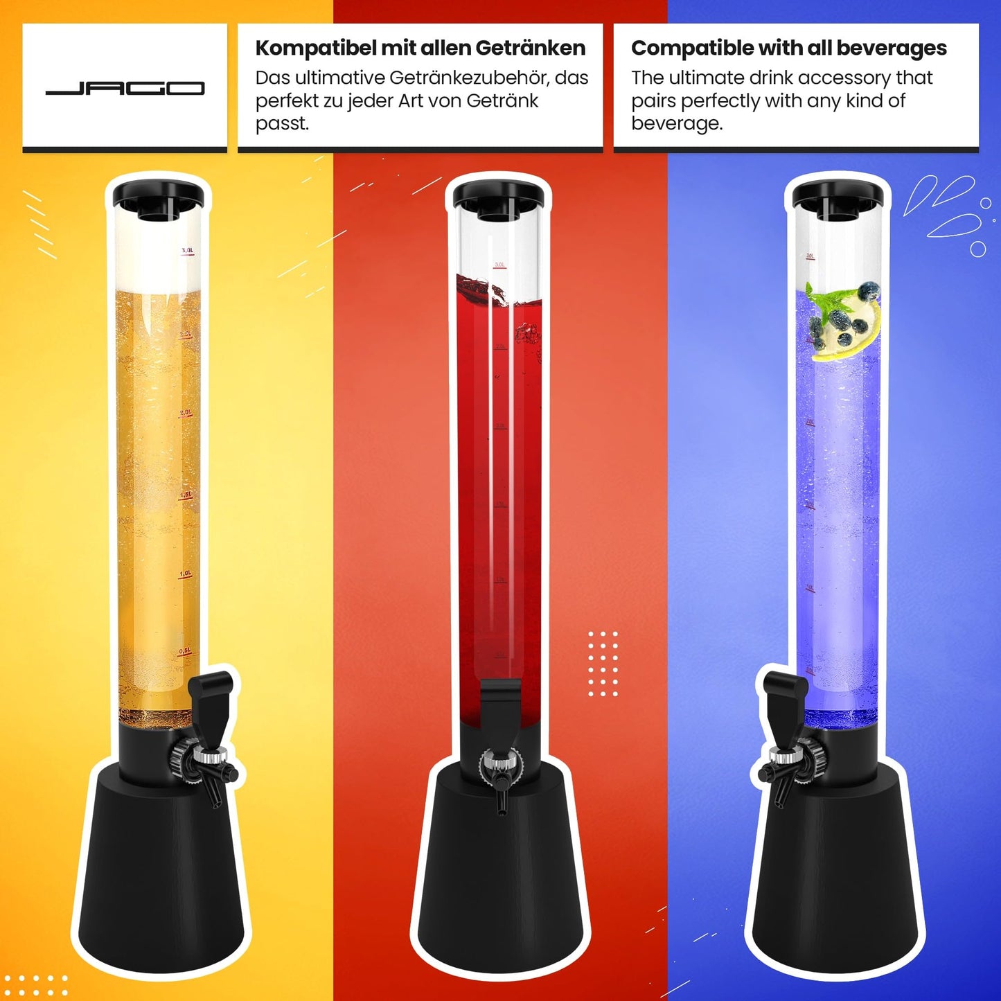 Jago® Beer tower with tap - 3.5L, 90cm tall, level indicator, stand, BPA-free, LFGB standard, various set options - beer tower, beverage tower, drink tower, beer dispenser, beverage dispenser, tap tower
