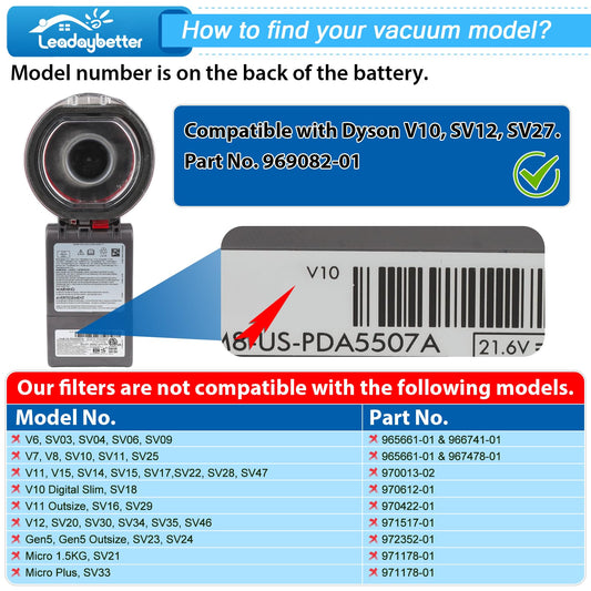 4 pieces of replacement filters for Dyson V10 SV12 Cyclone Animal Absolute V10 Total Clean cordless vacuum cleaner. V10 Motorhead Hepa filter with cleaning brush. Replace # DY-969082-01.
