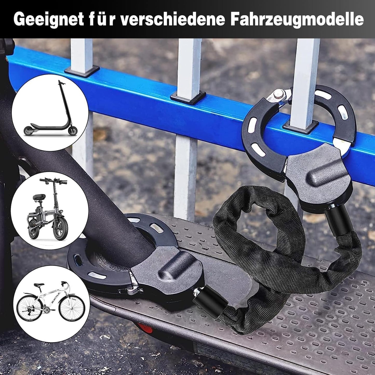 Lock for E scooter, handcuff lock for E roller, bike lock, E-bike/motorcycle, electric scooter lock with silicone protection against scratches. Includes a portable 4L storage bag.