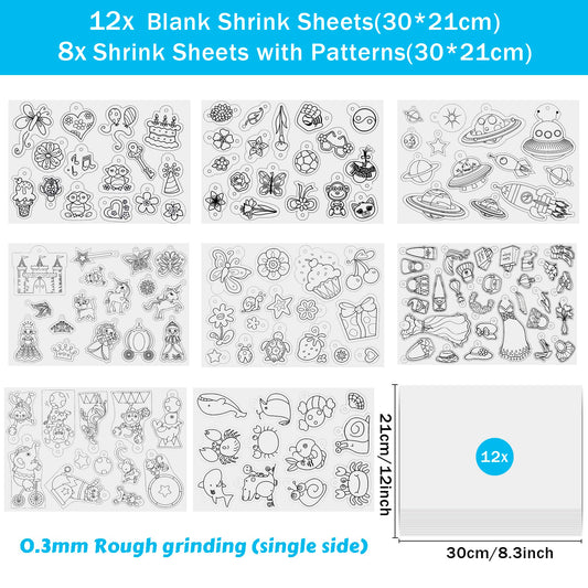 LUZOON Shrink Film 218 Pieces Shrink Film for Crafting Including A4 Shrink Film Set Keychains, Locks, Pencils, Hole Punch for Kids DIY Crafts (A4-with Pattern)