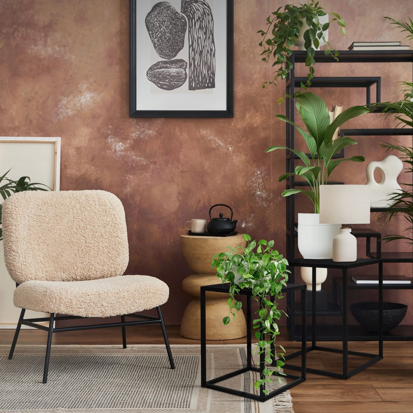 ML-Design Flower Stand 2-piece Set in Black made of metal, 30x40x30 cm/35x45x35 cm, square Flower Stool Plant Stand Plant Stool Nesting Table Plant Table Decor Side Table Coffee Table Living Room Table