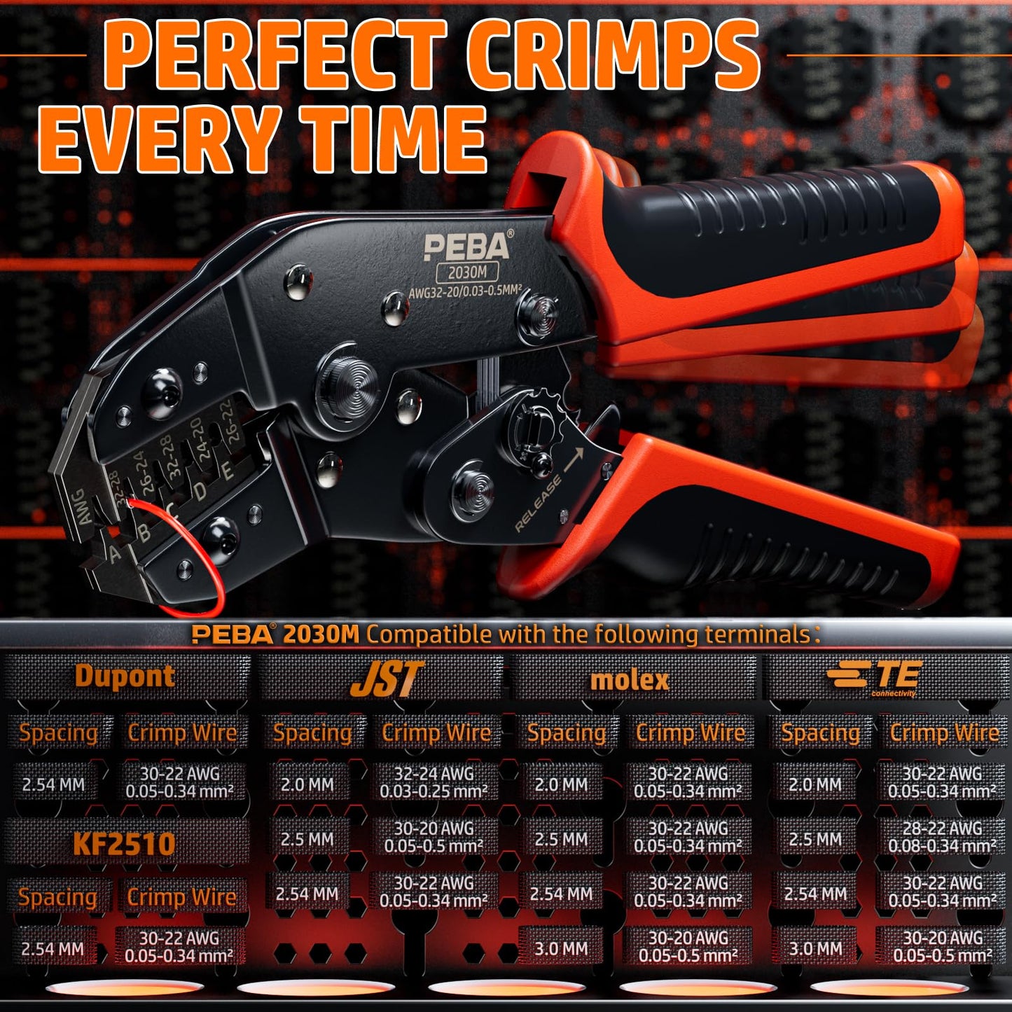 PEBA crimping tool JST connector set, crimp tool 0.03-0.5mm² with 24 styles JST-PH 2.0mm/JST-XH/JST-SM 2.5mm connectors, wire stripper | Crimp tool for 2.0/2.5/2.54/3.0 mm Dupont, JST, KF2510, MolexTE terminals