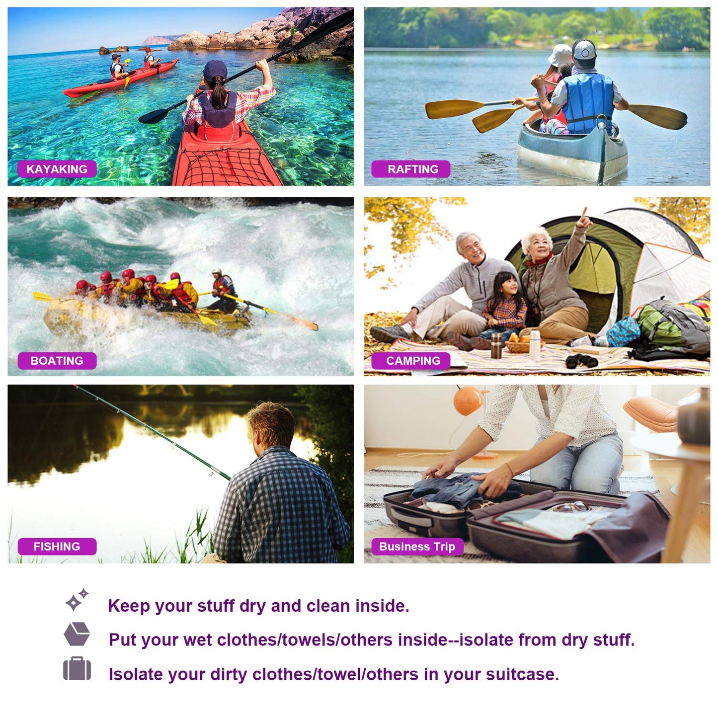 iOutdoor Waterproof Dry Bag, ultralight, 2L, keeps gear dry and clean, for kayaking, hiking, swimming, camping, sailing, boating, fishing (purple)