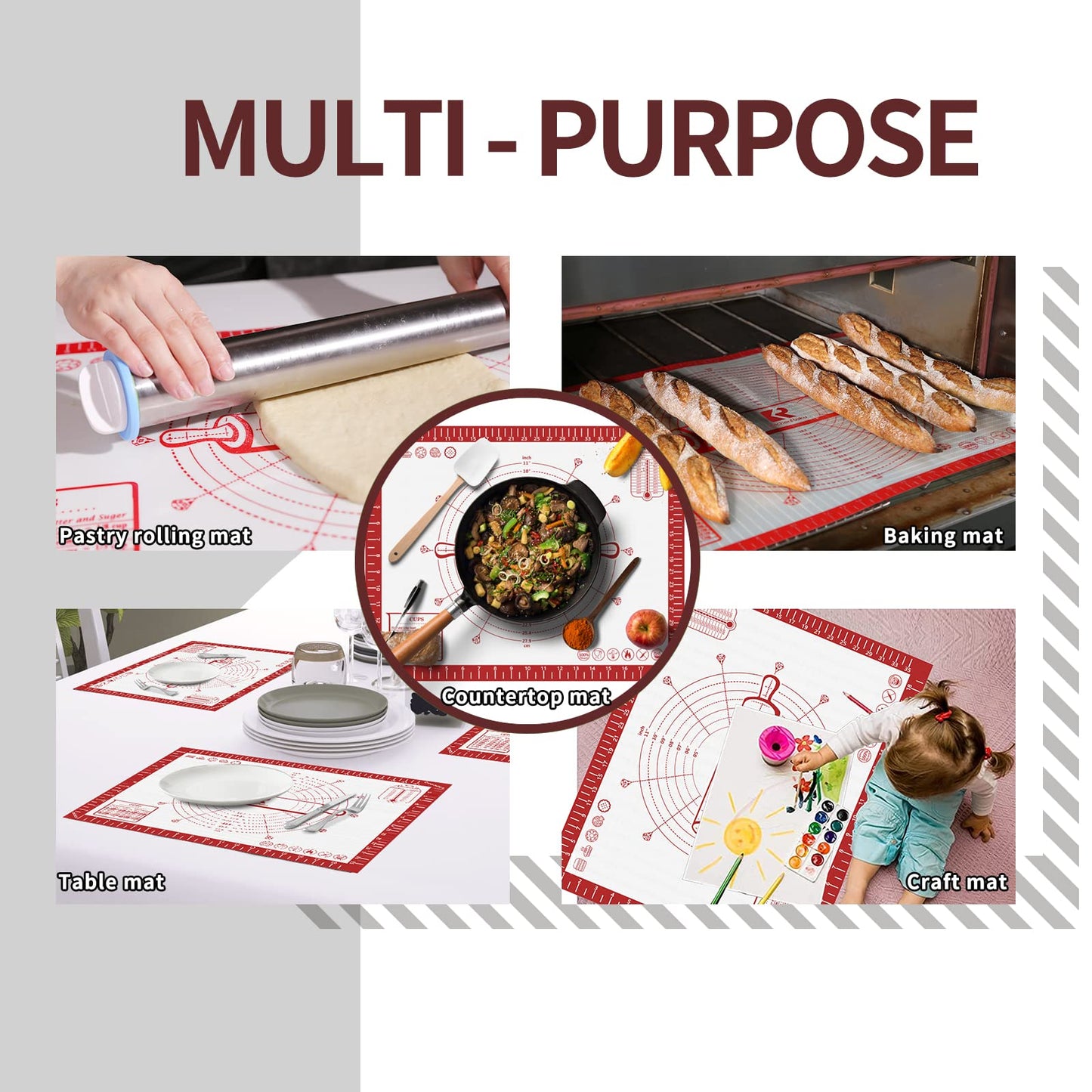 Silicone Baking Mat Extra Large 91x61cm, Antistick Silicone Mat with Measurements, Dough Mat, Baking Sheet for Oven, Rolling Mat for Dough Fondant Pastry by KITCHENRAKU KR, Red