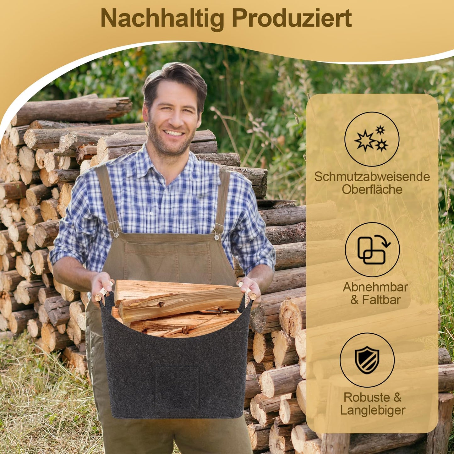 LARGE FINEW wooden basket for firewood, XXL firewood basket with gloves, Foldable felt bags made of felt, Large felt baskets for firewood storage, newspapers, wood, toys.