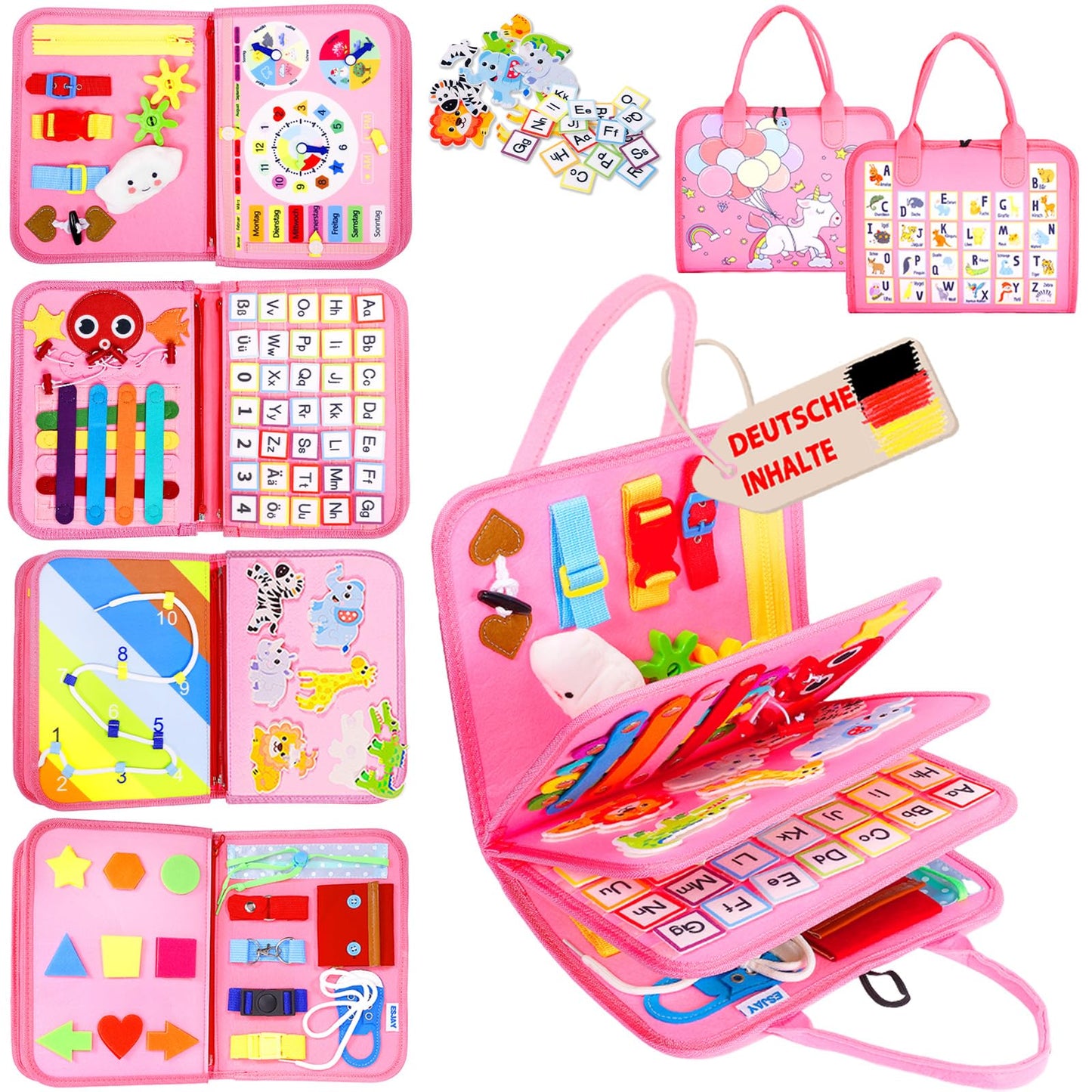 Esjay Busy Board German Montessori Toy for Toddler Girls, Activity Board Book Motor Skills Toy, Gift for Girls Birthday, Learning Toy Motor Skills Board for Travel by Car or Plane, German Pink