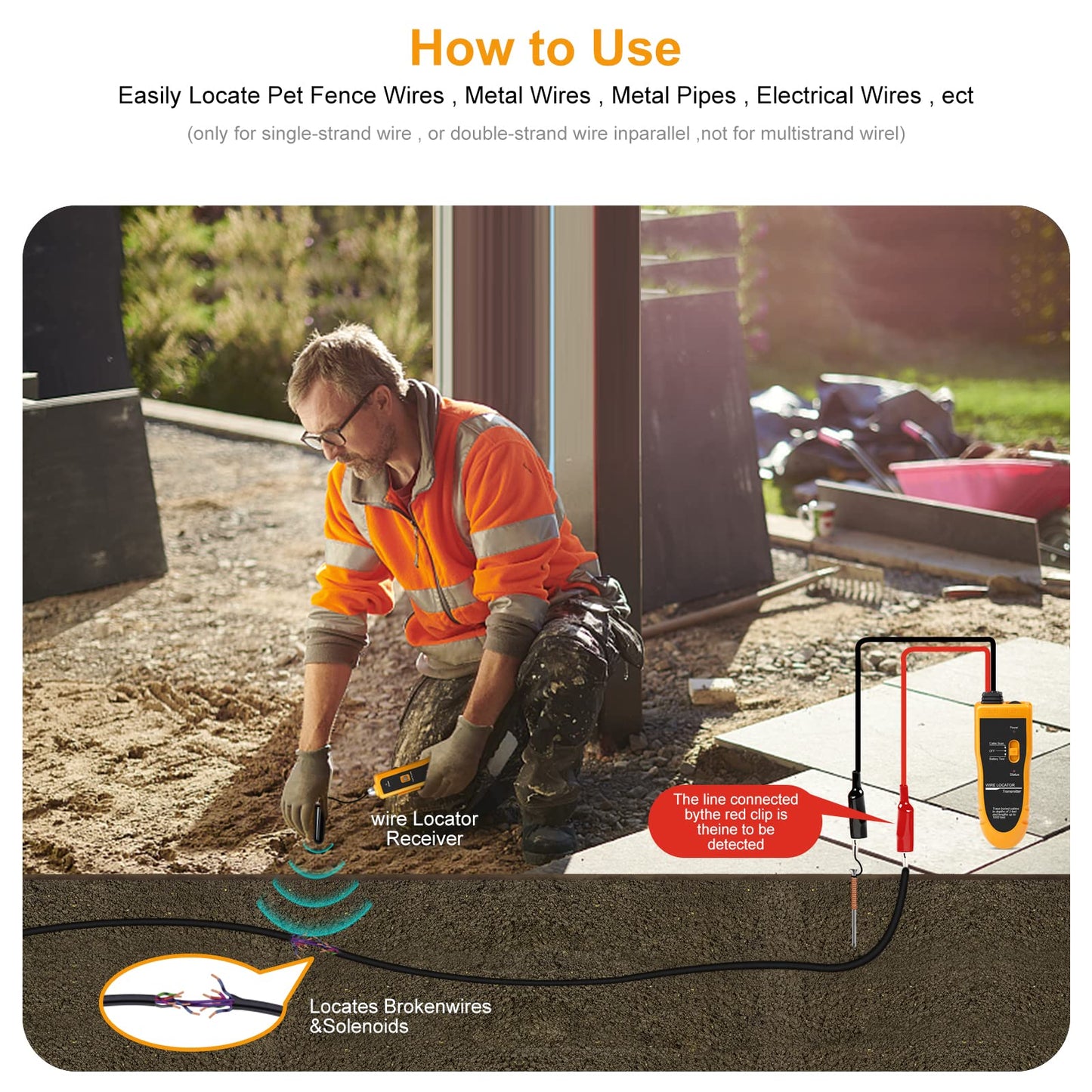 Kolsol F02 underground cable locator, cable locator with headphones, cable tester for pet fence cables, buried cables, irrigation control wires.