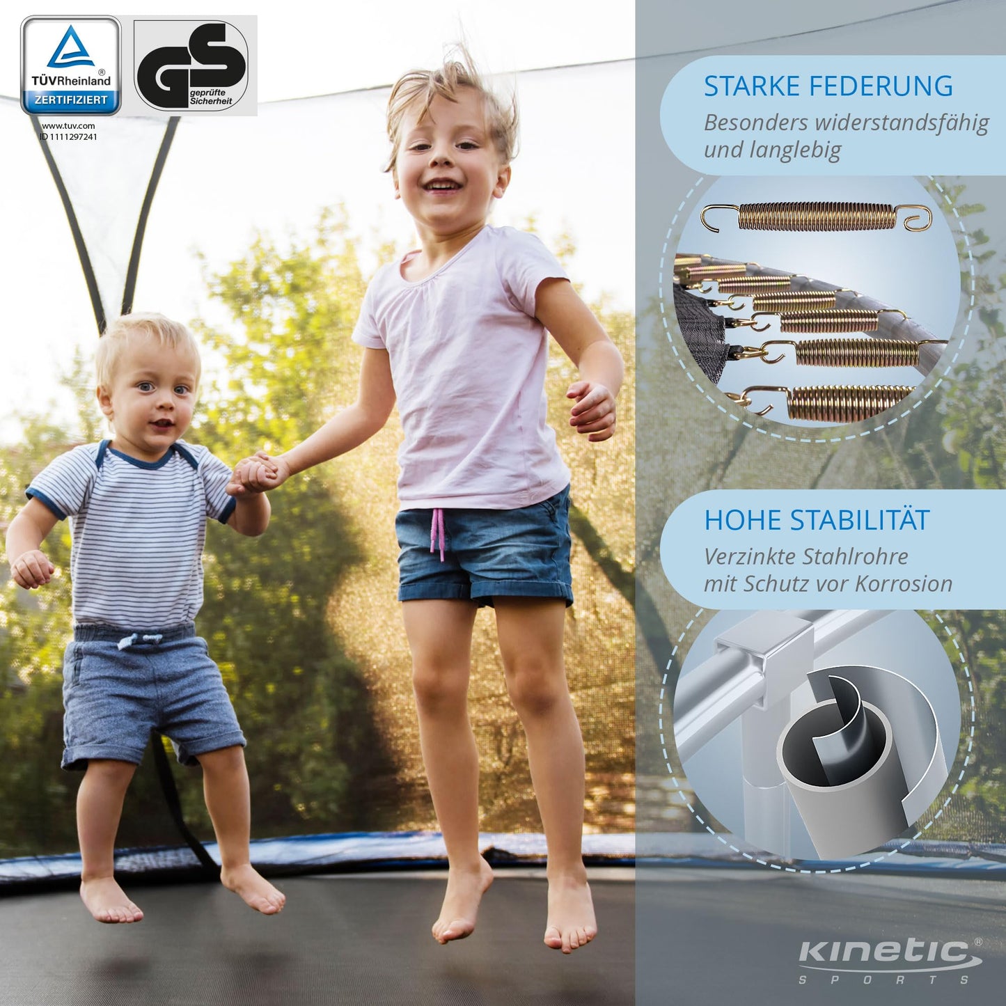 KINETIC SPORTS Trampoline Outdoor 'Salto Plus' Ø 183/244/305/366/400/430/490 cm - Complete Set for Kids, USA Jumping Mat, Net, Padding, Ladder - up to 160kg.