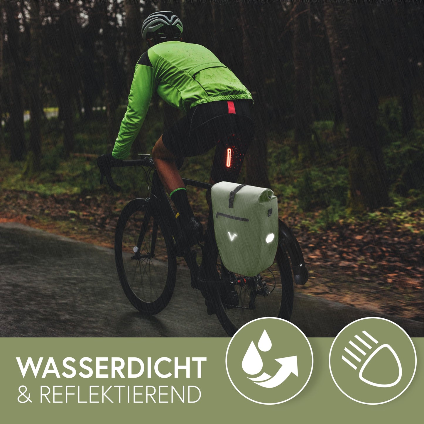Valkental - Large & waterproof pannier bag - 28L capacity - Bike bag for rack with reflectors in Natural Green