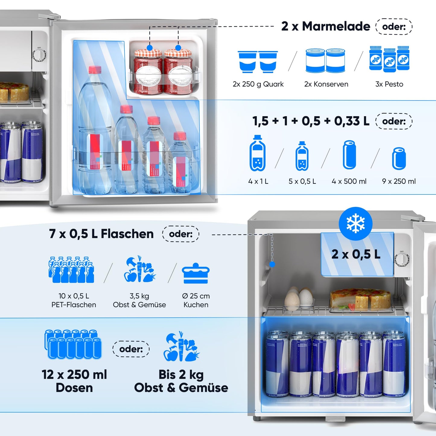 Silentstar Mini Fridge E 45L with automatic defrost, lock, freezer compartment, quiet, ideal for kitchen, office, bedroom, hotels and small apartments. Small fridge minibar drinks fridge silver.
