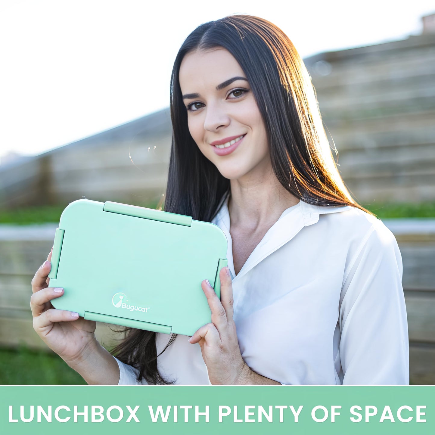 Bugucat lunch box for kids with compartments 1300ML, leak-proof lunchbox with 5 compartments, bento box lunch box with compartments for adults, breakfast box for boys & girls in green.