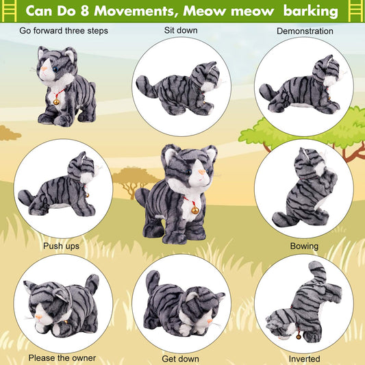 Marsjoy Interactive Plush Cat, plush toy, gray robot, with touch control, electronic cat pet, robot cat toy, animated toy for girls, kids, L: 30.5 cm.