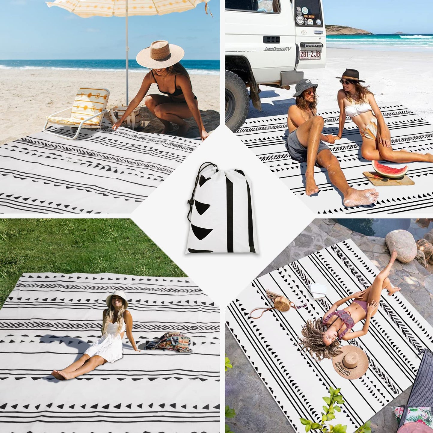 Jopee picnic blanket 280 x 300cm, waterproof sand free beach blanket for 4-8 people with 4 ground stakes, lightweight and portable outdoor blanket, beach mat for beach, hiking, traveling, camping - geometric