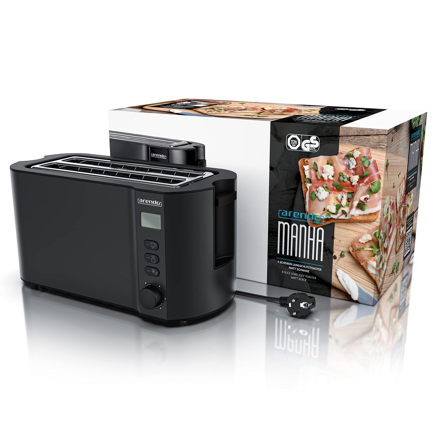 Arendo - Stainless Steel Long Slot 4-Slice Toaster - Double-wall housing - Integrated bun holder - Browning levels 1-6 - Bread centering - automatic shutdown - Display with remaining time display