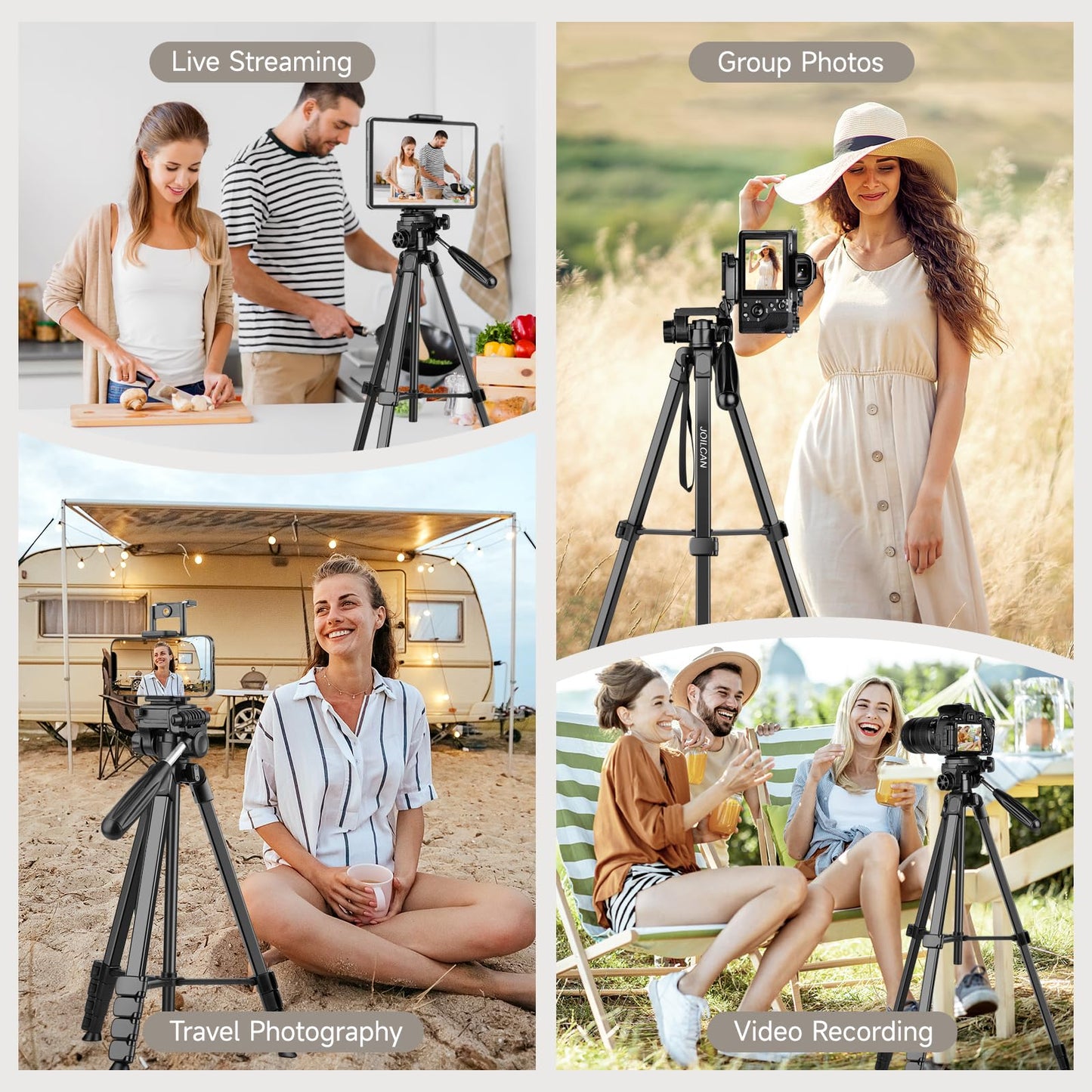 JOILCAN Camera Tripod, 173cm lightweight phone tripod for Smartphone/iPhone/iPad with detachable head, portable aluminum travel tripod with remote control and phone & tablet holder, load capacity 3.6KG