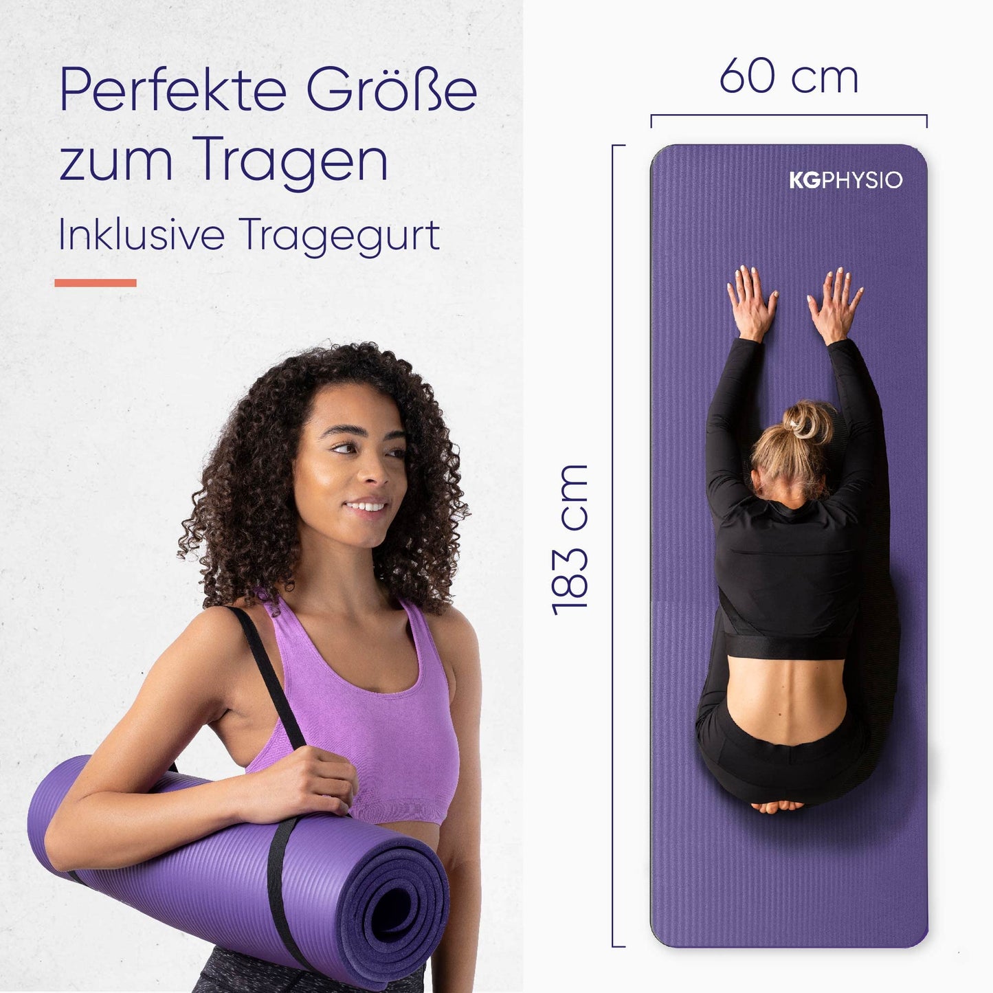 KG PHYSIO Yoga Mat Non-Slip & Cushioned - Yoga Mat with Carry Strap, Fitness Mat, Thick 8mm Exercise Mat, Gymnastics Mat, Gym Mat, Pilates Mat, Fitness Mat, 183x60cm
