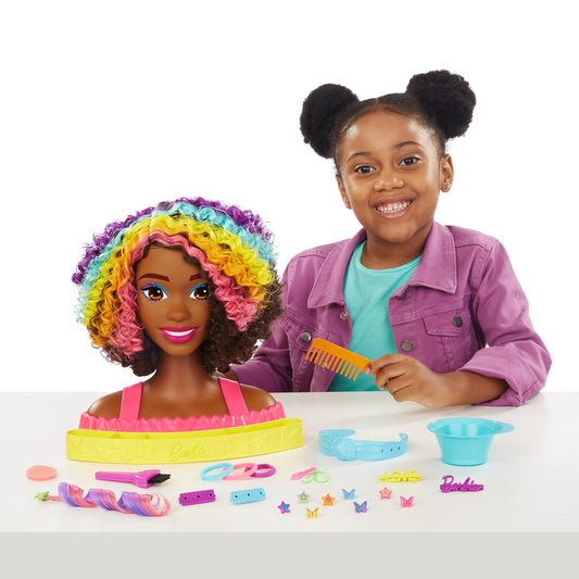 Barbie HMD79 - Barbie Deluxe Styling Head, Barbie Totally Hair, curly brown neon rainbow hair, doll head for hair styling, Color Reveal accessories, for ages 3+.