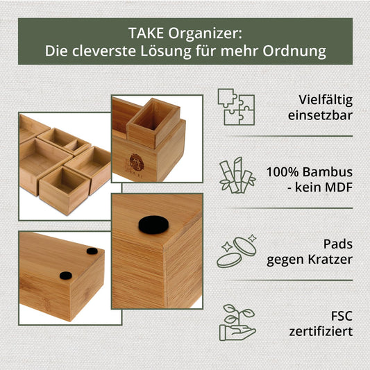 TAKE® 6-piece Bamboo Drawer Organizer Set - Boxes in various sizes for kitchen, bathroom & office, vanity drawer organizer, drawer organizer