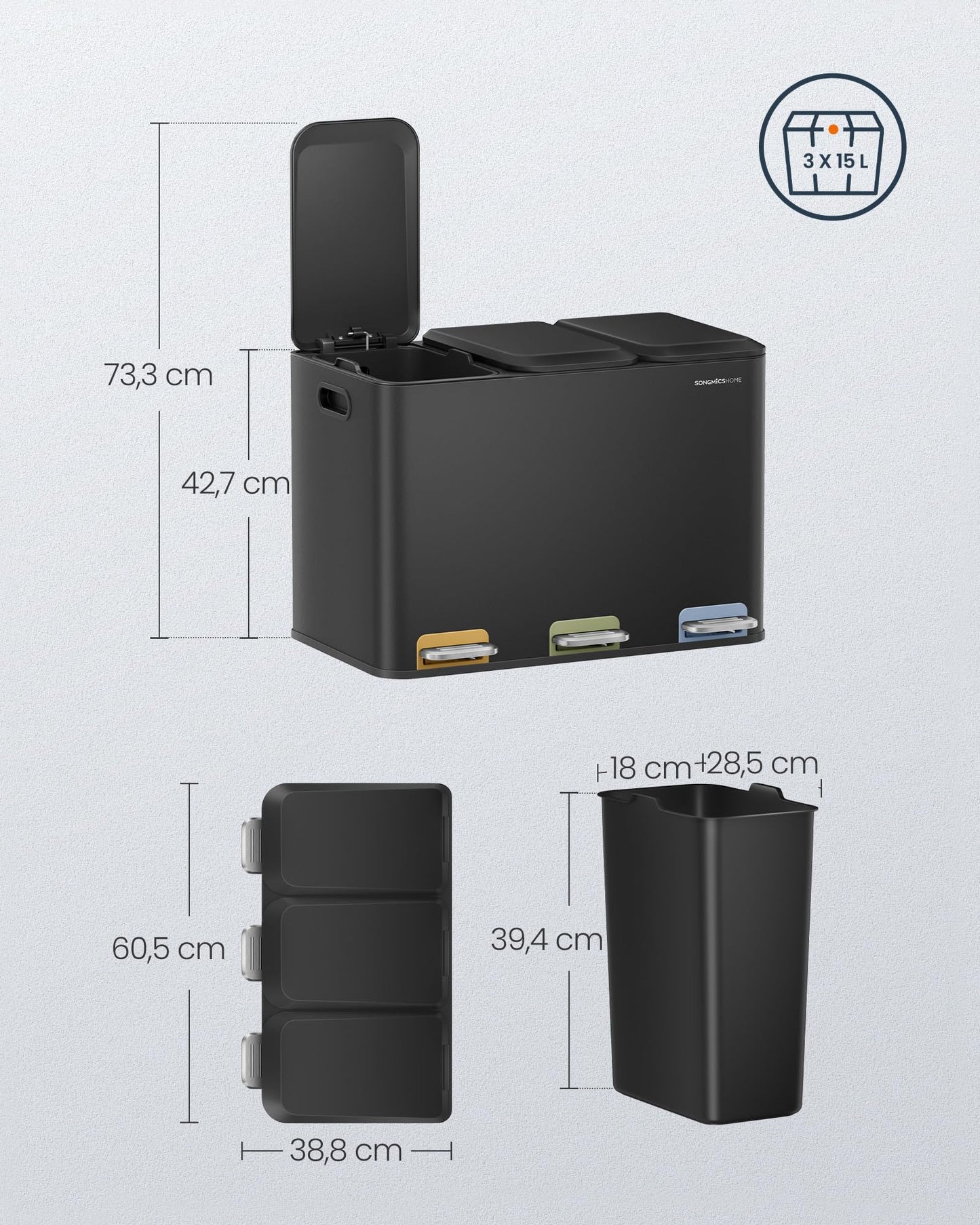 SONGMICS HOME Kitchen Trash Can, 3 x 15 L Compartments, Waste Bin with color-coded pedals, Recycling System, with lids and inner buckets, Steel, ink black LTB740B02V1