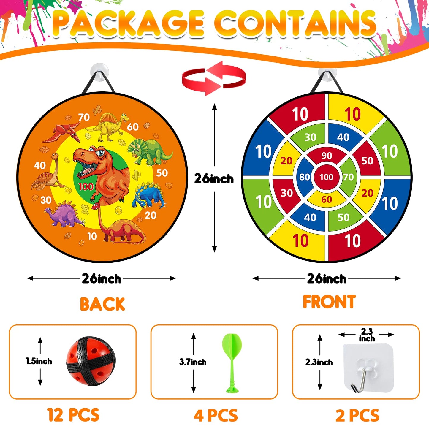 Children's dart board - 26 inches, Montessori toy with dinosaur theme dart board with 12 balls board games toy, two-sided safe game gift outdoor indoor game choice, 66cm